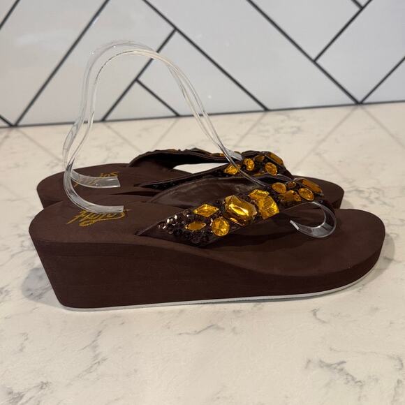 Y2K  flojos Brown embellished faux gems platform wedge sandals size 10 baddie - Picture 1 of 9
